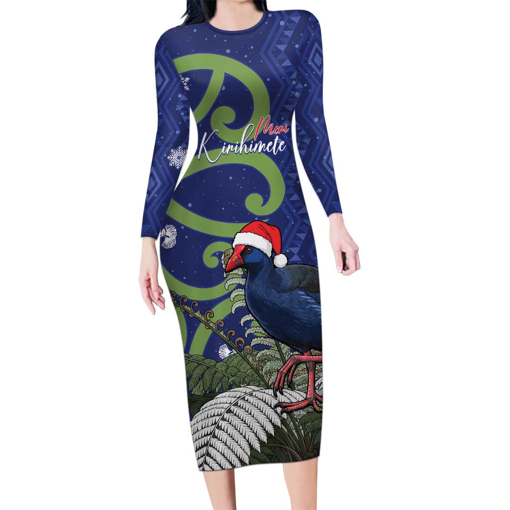 Personalized New Zealand Pukeko Christmas Long Sleeve Bodycon Dress Meri Kirihimete Taniko Ponga Koru Blue - Aussie Hoodie