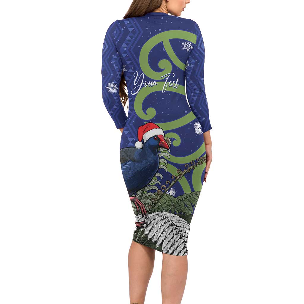 Personalized New Zealand Pukeko Christmas Long Sleeve Bodycon Dress Meri Kirihimete Taniko Ponga Koru Blue - Aussie Hoodie