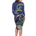 Personalized New Zealand Pukeko Christmas Long Sleeve Bodycon Dress Meri Kirihimete Taniko Ponga Koru Blue - Aussie Hoodie