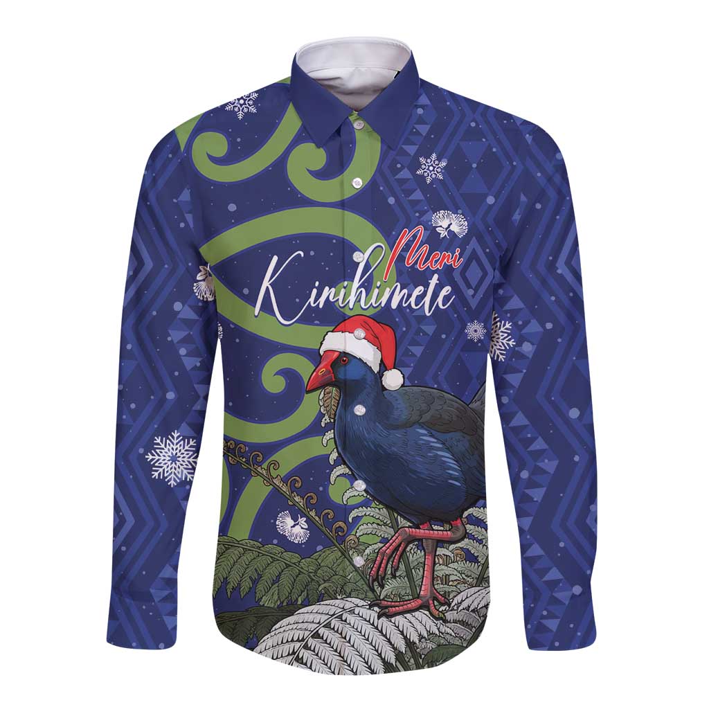 Personalized New Zealand Pukeko Christmas Long Sleeve Button Shirt Meri Kirihimete Taniko Ponga Koru Blue - Aussie Hoodie
