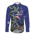 Personalized New Zealand Pukeko Christmas Long Sleeve Button Shirt Meri Kirihimete Taniko Ponga Koru Blue - Aussie Hoodie