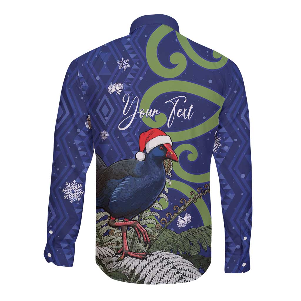 Personalized New Zealand Pukeko Christmas Long Sleeve Button Shirt Meri Kirihimete Taniko Ponga Koru Blue - Aussie Hoodie