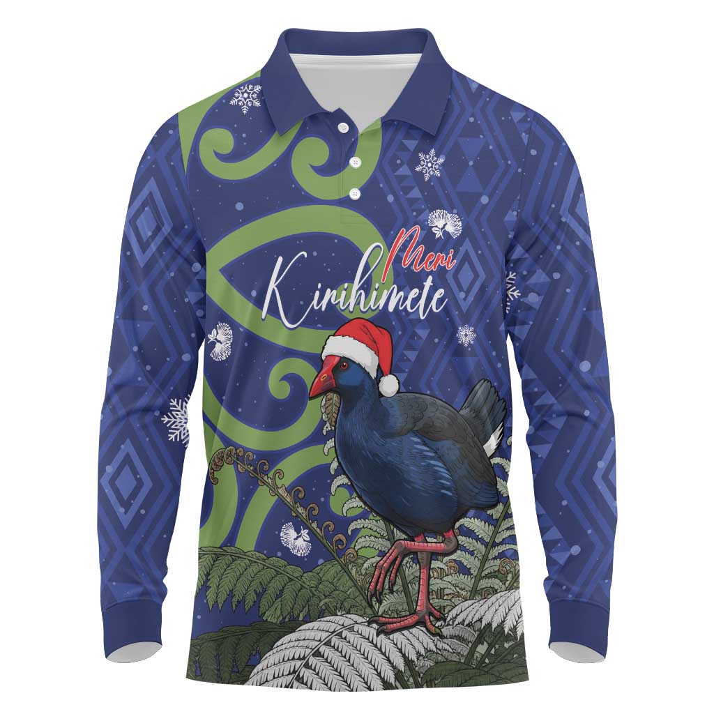 Personalized New Zealand Pukeko Christmas Long Sleeve Polo Shirt Meri Kirihimete Taniko Ponga Koru Blue - Aussie Hoodie