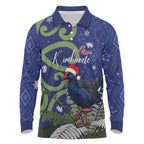 Personalized New Zealand Pukeko Christmas Long Sleeve Polo Shirt Meri Kirihimete Taniko Ponga Koru Blue - Aussie Hoodie