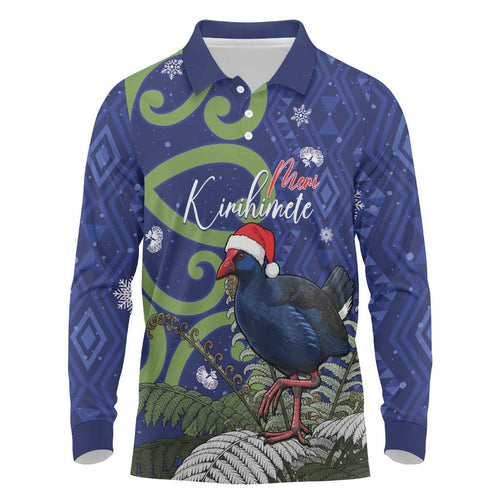 Personalized New Zealand Pukeko Christmas Long Sleeve Polo Shirt Meri Kirihimete Taniko Ponga Koru Blue - Aussie Hoodie