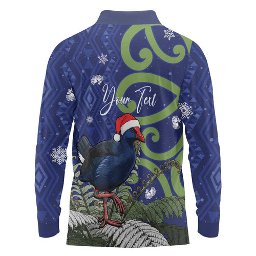 Personalized New Zealand Pukeko Christmas Long Sleeve Polo Shirt Meri Kirihimete Taniko Ponga Koru Blue - Aussie Hoodie