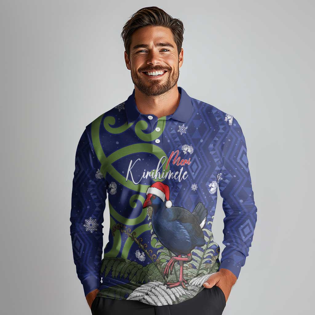 Personalized New Zealand Pukeko Christmas Long Sleeve Polo Shirt Meri Kirihimete Taniko Ponga Koru Blue - Aussie Hoodie