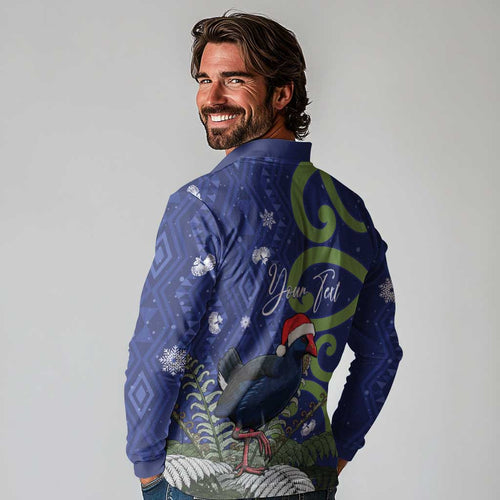 Personalized New Zealand Pukeko Christmas Long Sleeve Polo Shirt Meri Kirihimete Taniko Ponga Koru Blue - Aussie Hoodie
