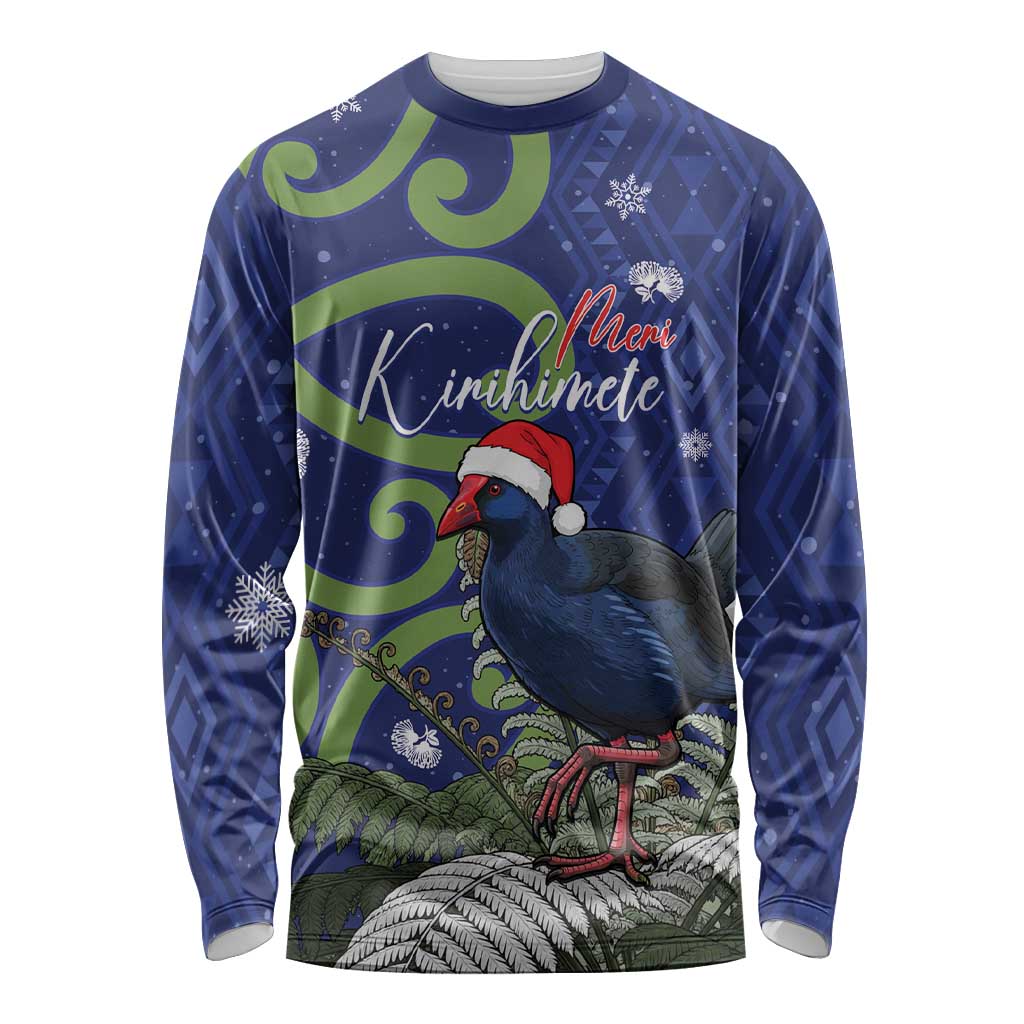 Personalized New Zealand Pukeko Christmas Long Sleeve Shirt Meri Kirihimete Taniko Ponga Koru Blue - Aussie Hoodie