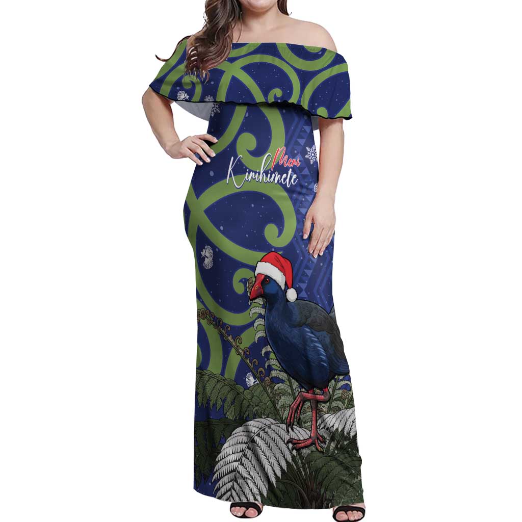Personalized New Zealand Pukeko Christmas Off Shoulder Maxi Dress Meri Kirihimete Taniko Ponga Koru Blue - Aussie Hoodie