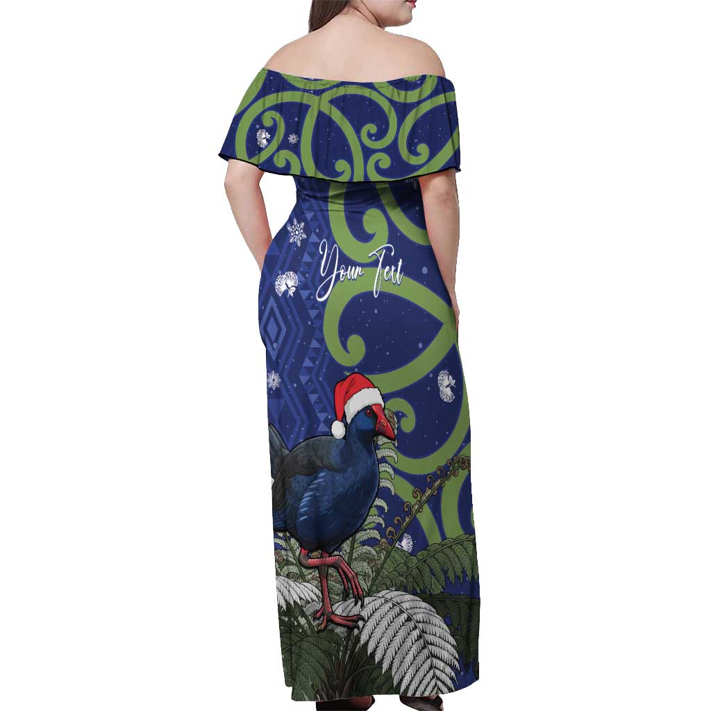 Personalized New Zealand Pukeko Christmas Off Shoulder Maxi Dress Meri Kirihimete Taniko Ponga Koru Blue - Aussie Hoodie
