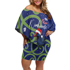 Personalized New Zealand Pukeko Christmas Off Shoulder Short Dress Meri Kirihimete Taniko Ponga Koru Blue - Aussie Hoodie