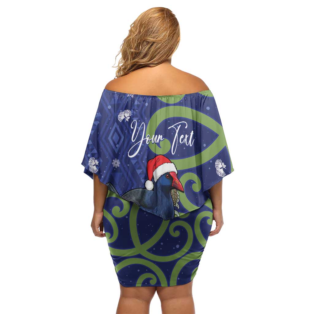 Personalized New Zealand Pukeko Christmas Off Shoulder Short Dress Meri Kirihimete Taniko Ponga Koru Blue - Aussie Hoodie