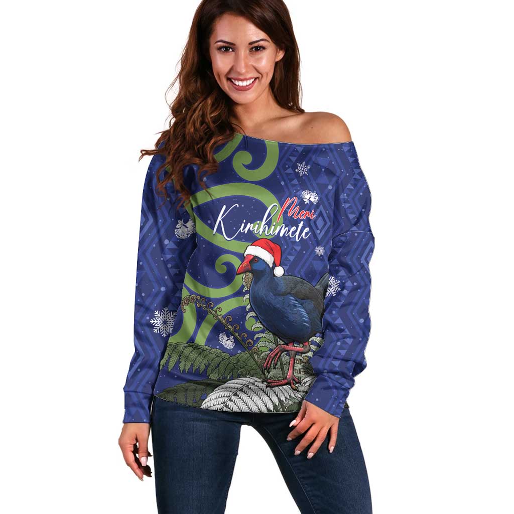 Personalized New Zealand Pukeko Christmas Off Shoulder Sweater Meri Kirihimete Taniko Ponga Koru Blue - Aussie Hoodie