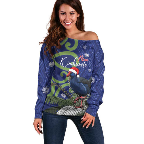 Personalized New Zealand Pukeko Christmas Off Shoulder Sweater Meri Kirihimete Taniko Ponga Koru Blue - Aussie Hoodie