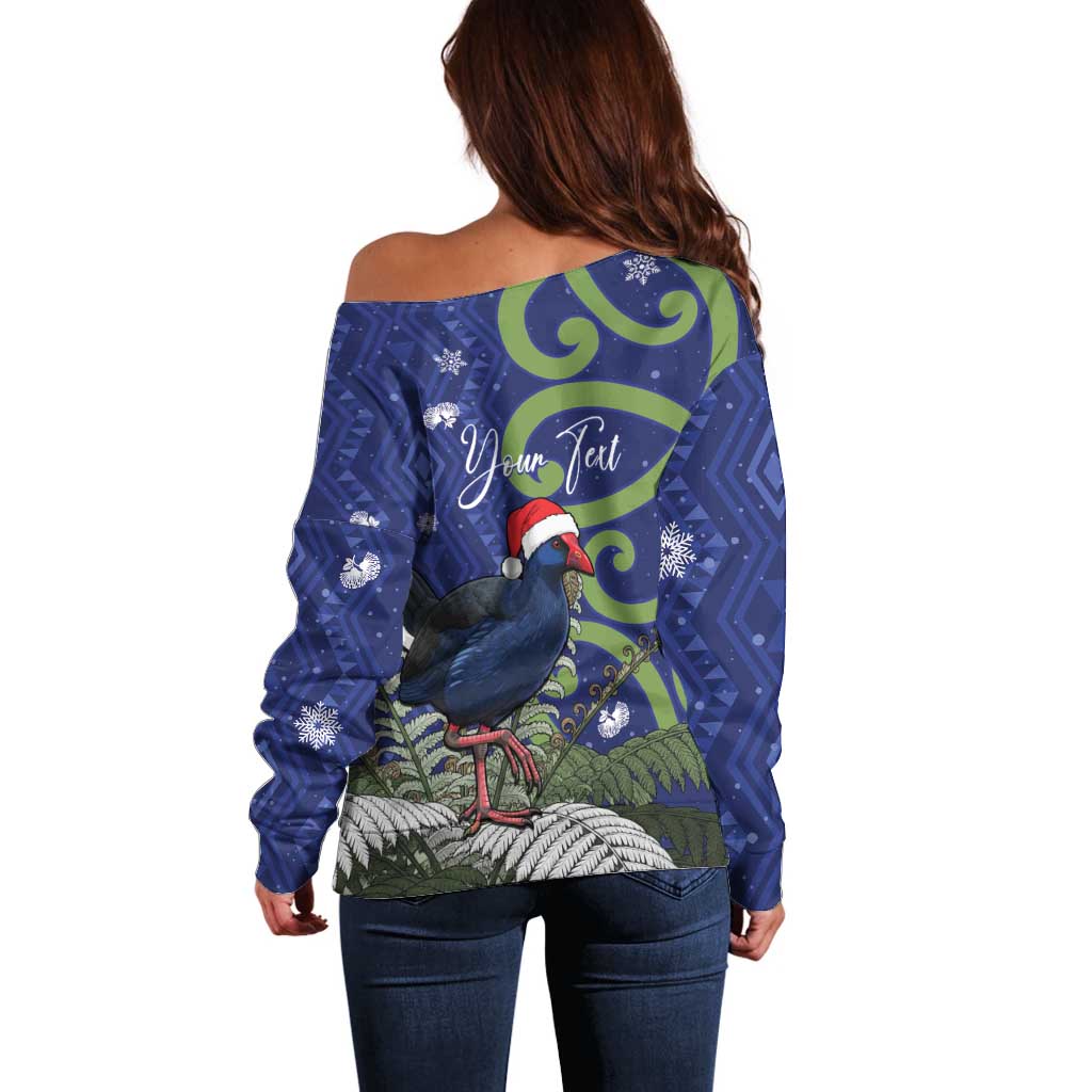 Personalized New Zealand Pukeko Christmas Off Shoulder Sweater Meri Kirihimete Taniko Ponga Koru Blue - Aussie Hoodie
