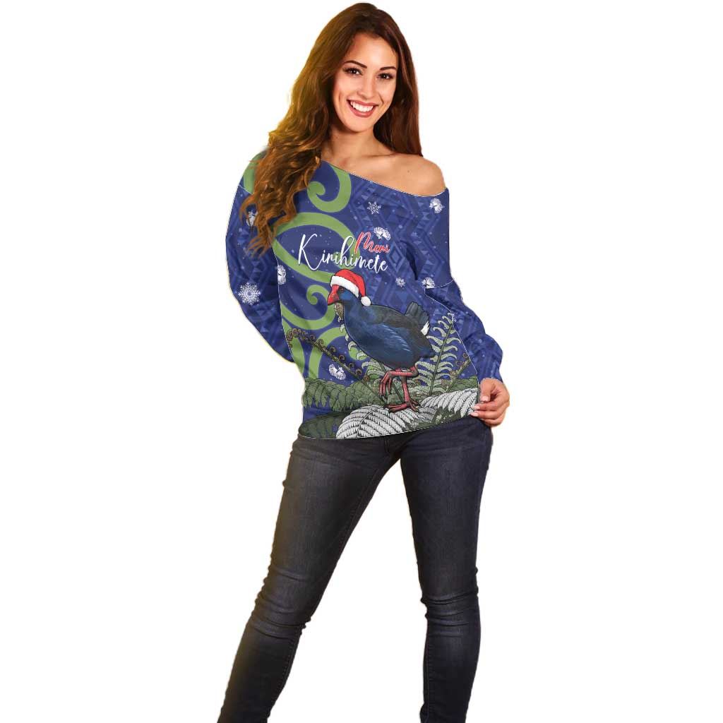 Personalized New Zealand Pukeko Christmas Off Shoulder Sweater Meri Kirihimete Taniko Ponga Koru Blue - Aussie Hoodie