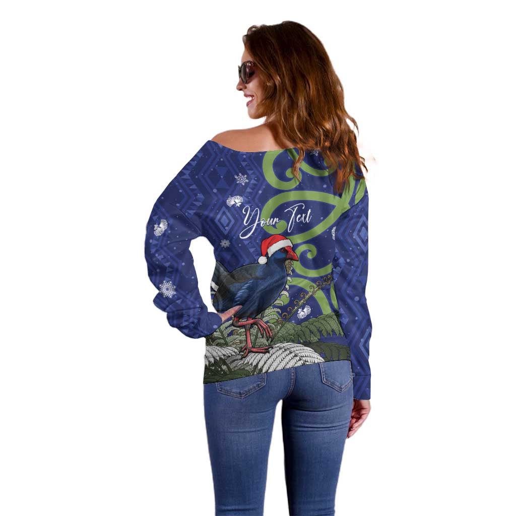 Personalized New Zealand Pukeko Christmas Off Shoulder Sweater Meri Kirihimete Taniko Ponga Koru Blue - Aussie Hoodie