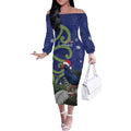 Personalized New Zealand Pukeko Christmas Off The Shoulder Long Sleeve Dress Meri Kirihimete Taniko Ponga Koru Blue - Aussie Hoodie
