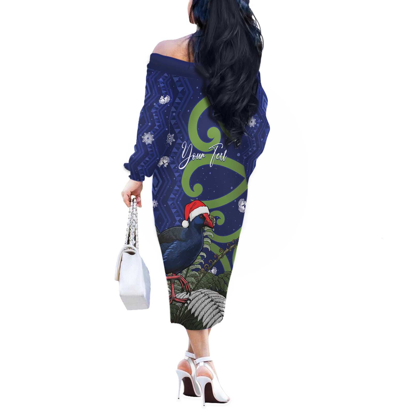Personalized New Zealand Pukeko Christmas Off The Shoulder Long Sleeve Dress Meri Kirihimete Taniko Ponga Koru Blue - Aussie Hoodie