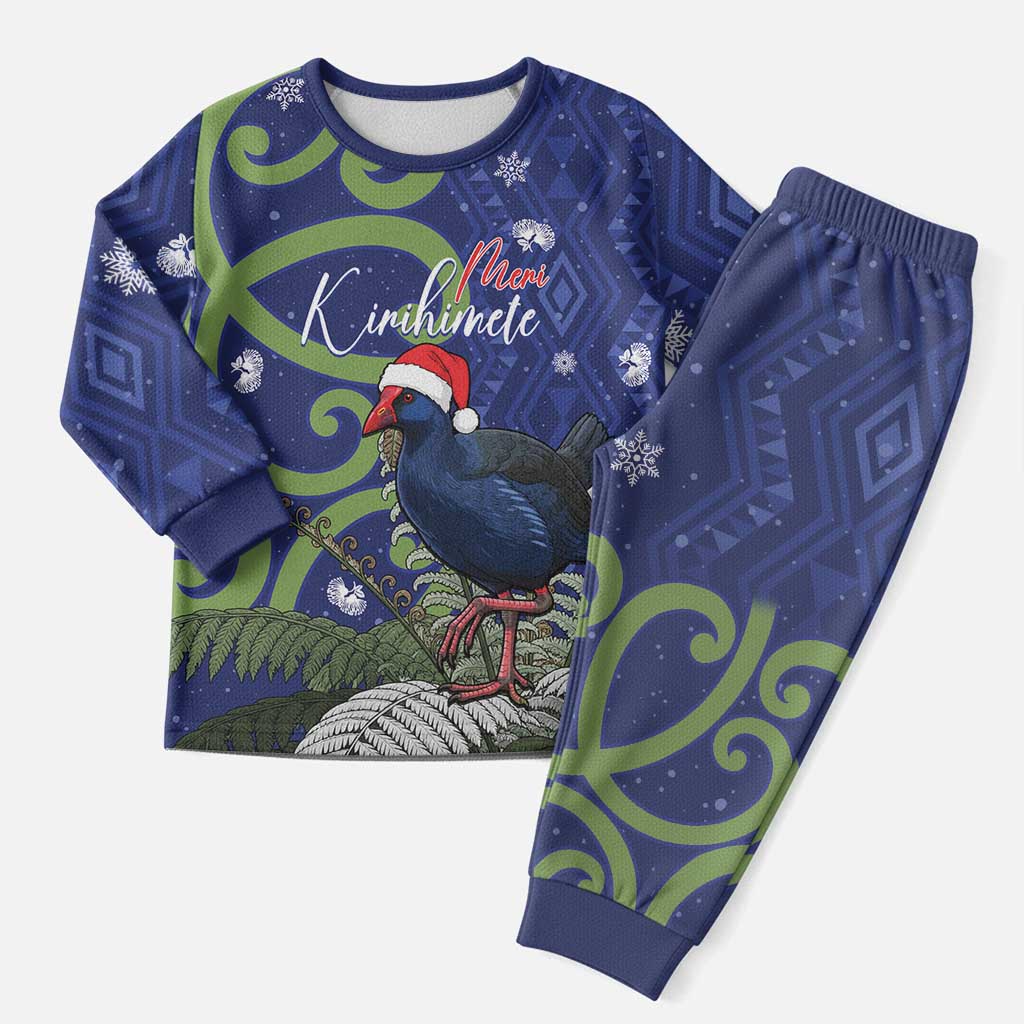 Personalized New Zealand Pukeko Christmas Pajama Set Meri Kirihimete Taniko Ponga Koru Blue - Aussie Hoodie