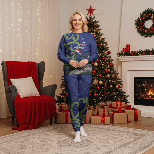 Personalized New Zealand Pukeko Christmas Pajama Set Meri Kirihimete Taniko Ponga Koru Blue - Aussie Hoodie