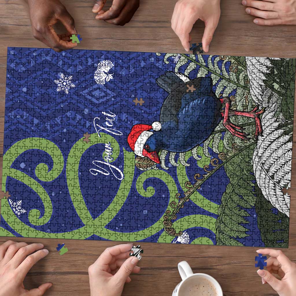 Personalized New Zealand Pukeko Christmas Puzzle Meri Kirihimete Taniko Ponga Koru Blue - Aussie Hoodie