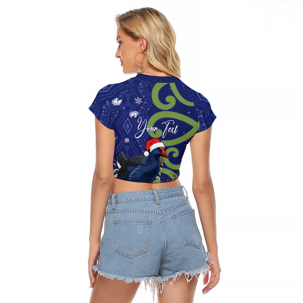 Personalized New Zealand Pukeko Christmas Raglan Cropped T Shirt Meri Kirihimete Taniko Ponga Koru Blue - Aussie Hoodie