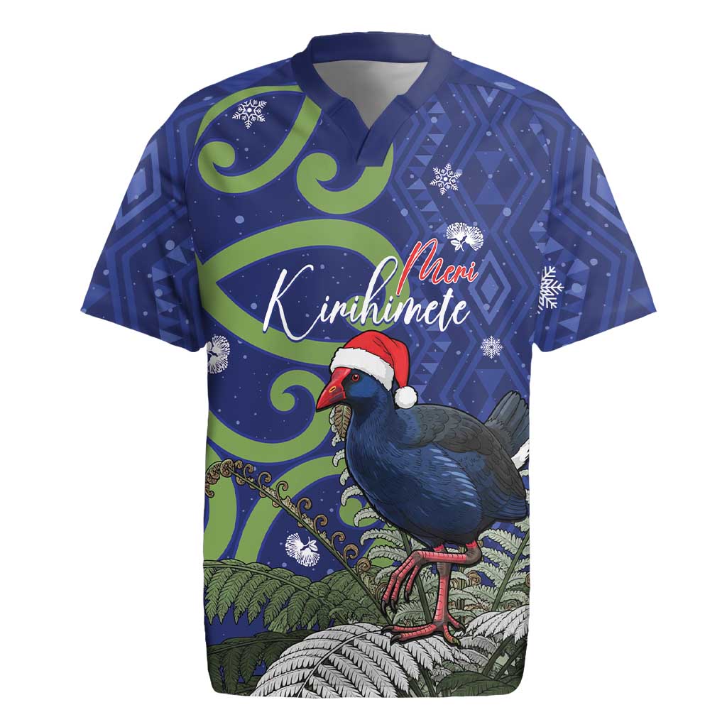 Personalized New Zealand Pukeko Christmas Rugby Jersey Meri Kirihimete Taniko Ponga Koru Blue - Aussie Hoodie