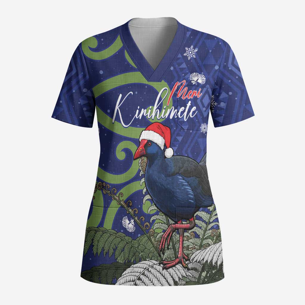 Personalized New Zealand Pukeko Christmas Scrub Top Meri Kirihimete Taniko Ponga Koru Blue - Aussie Hoodie