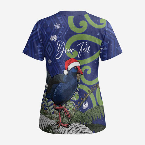 Personalized New Zealand Pukeko Christmas Scrub Top Meri Kirihimete Taniko Ponga Koru Blue - Aussie Hoodie
