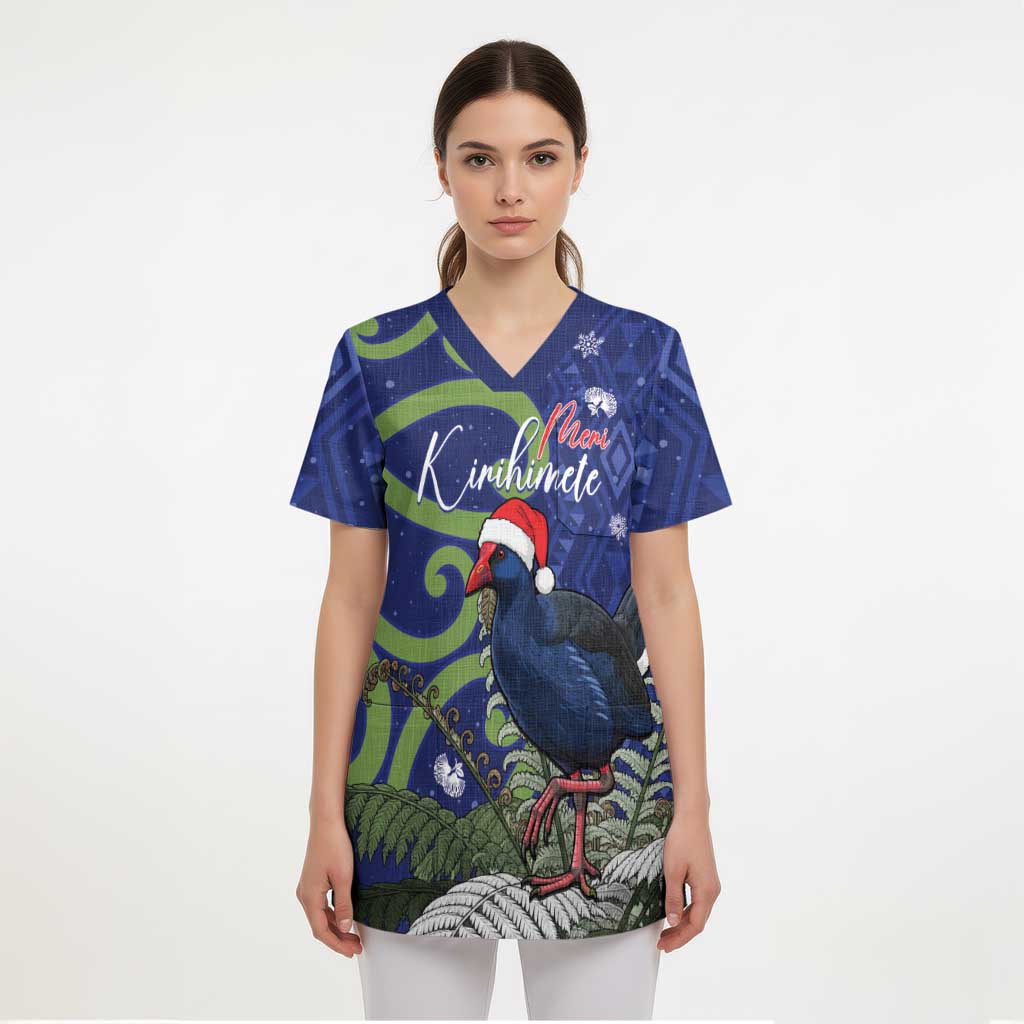 Personalized New Zealand Pukeko Christmas Scrub Top Meri Kirihimete Taniko Ponga Koru Blue - Aussie Hoodie