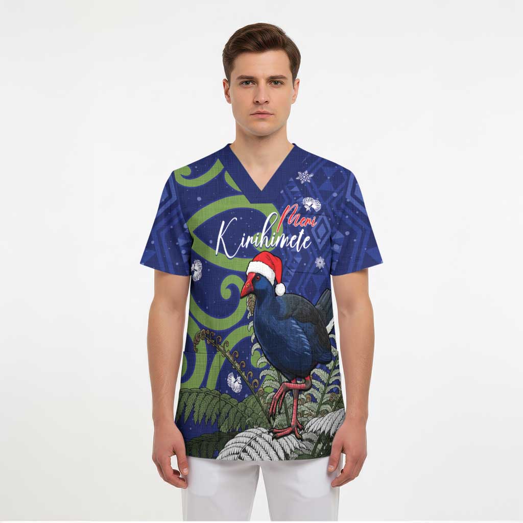 Personalized New Zealand Pukeko Christmas Scrub Top Meri Kirihimete Taniko Ponga Koru Blue - Aussie Hoodie