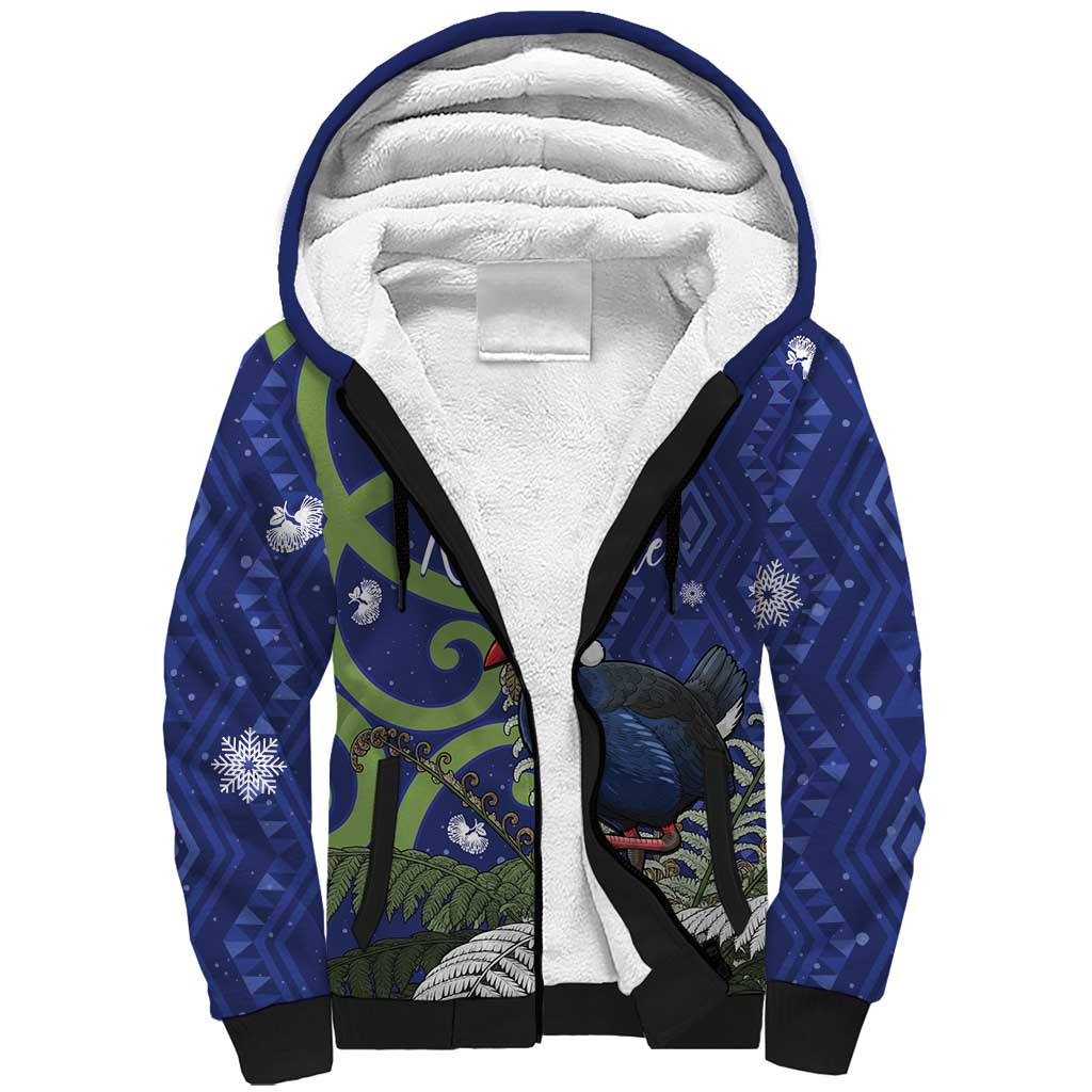 Personalized New Zealand Pukeko Christmas Sherpa Hoodie Meri Kirihimete Taniko Ponga Koru Blue - Aussie Hoodie