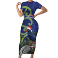 Personalized New Zealand Pukeko Christmas Short Sleeve Bodycon Dress Meri Kirihimete Taniko Ponga Koru Blue - Aussie Hoodie