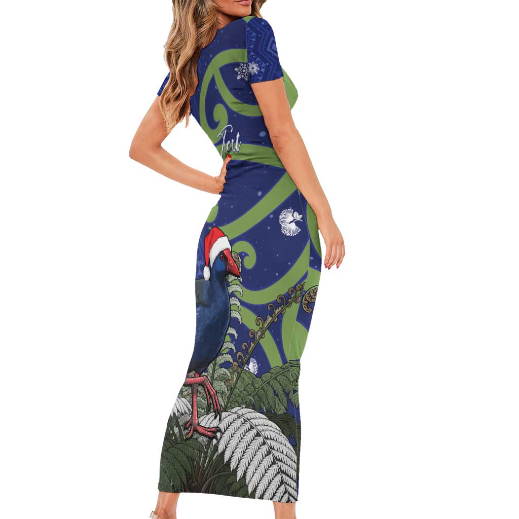 Personalized New Zealand Pukeko Christmas Short Sleeve Bodycon Dress Meri Kirihimete Taniko Ponga Koru Blue - Aussie Hoodie