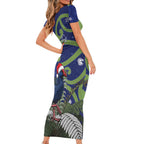 Personalized New Zealand Pukeko Christmas Short Sleeve Bodycon Dress Meri Kirihimete Taniko Ponga Koru Blue - Aussie Hoodie
