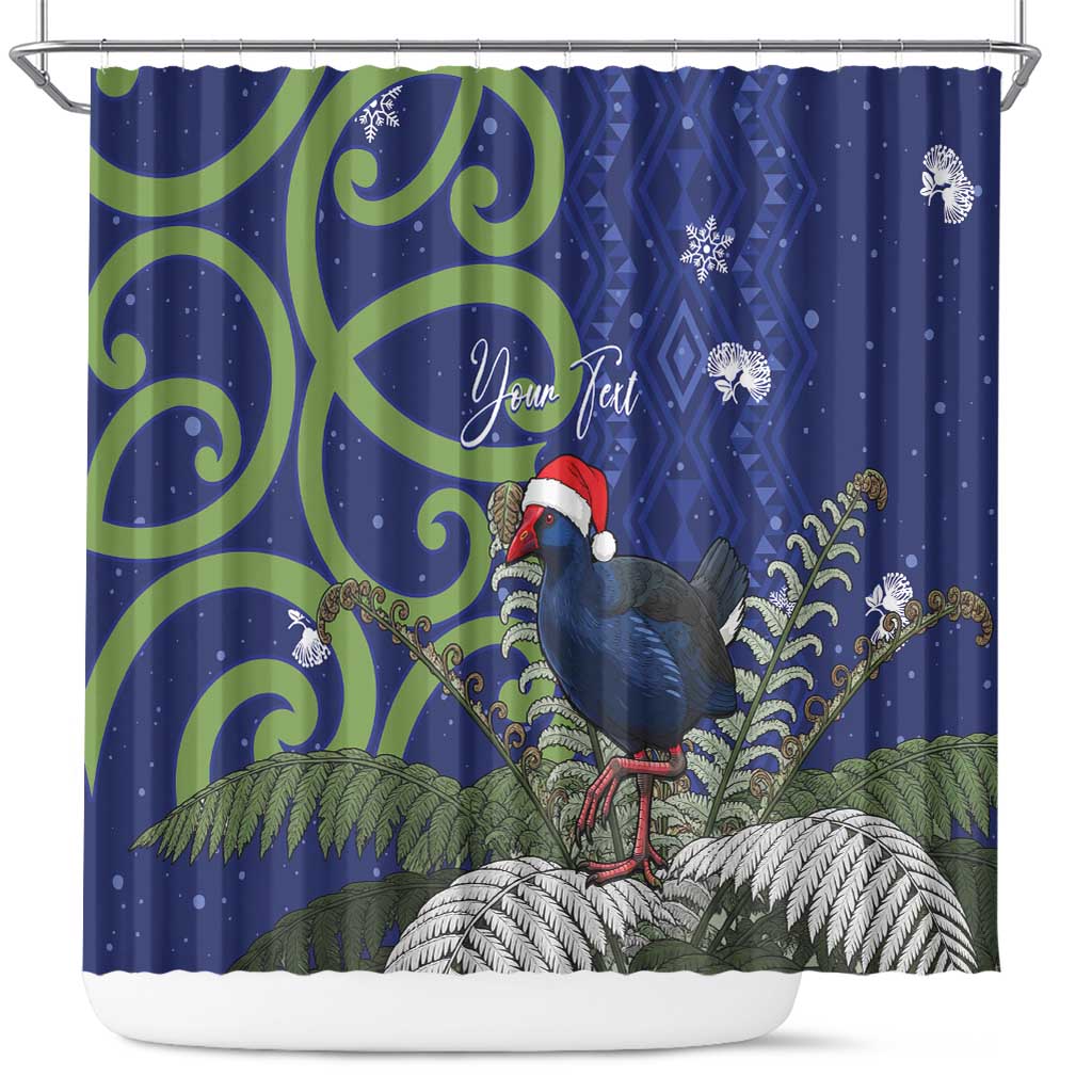 Personalized New Zealand Pukeko Christmas Shower Curtain Meri Kirihimete Taniko Ponga Koru Blue - Aussie Hoodie