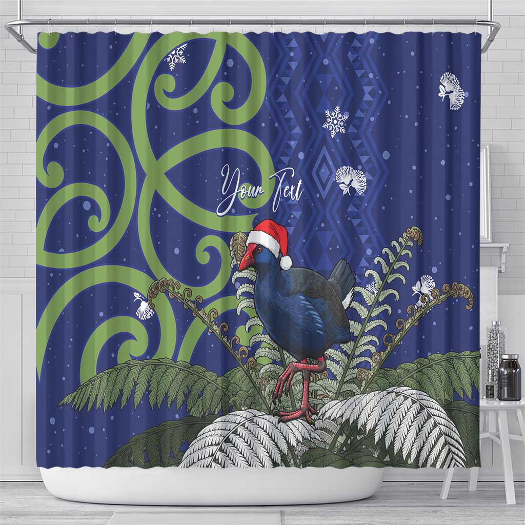 Personalized New Zealand Pukeko Christmas Shower Curtain Meri Kirihimete Taniko Ponga Koru Blue - Aussie Hoodie