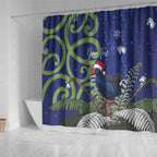 Personalized New Zealand Pukeko Christmas Shower Curtain Meri Kirihimete Taniko Ponga Koru Blue - Aussie Hoodie