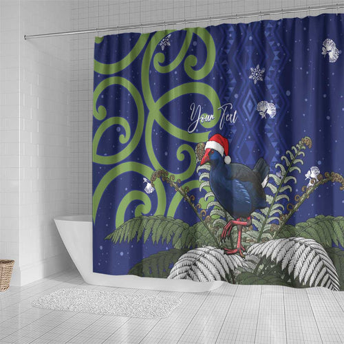 Personalized New Zealand Pukeko Christmas Shower Curtain Meri Kirihimete Taniko Ponga Koru Blue - Aussie Hoodie