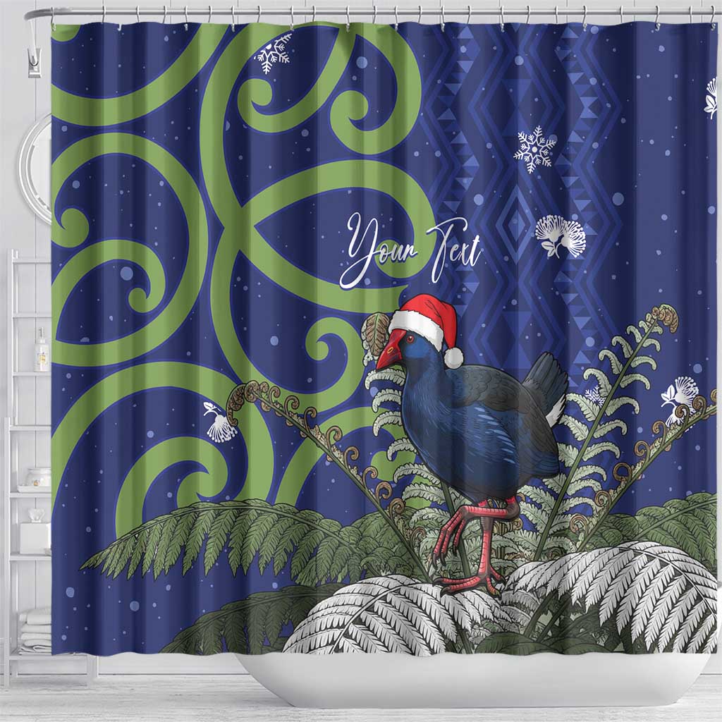 Personalized New Zealand Pukeko Christmas Shower Curtain Meri Kirihimete Taniko Ponga Koru Blue - Aussie Hoodie