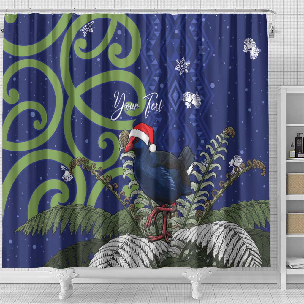 Personalized New Zealand Pukeko Christmas Shower Curtain Meri Kirihimete Taniko Ponga Koru Blue - Aussie Hoodie