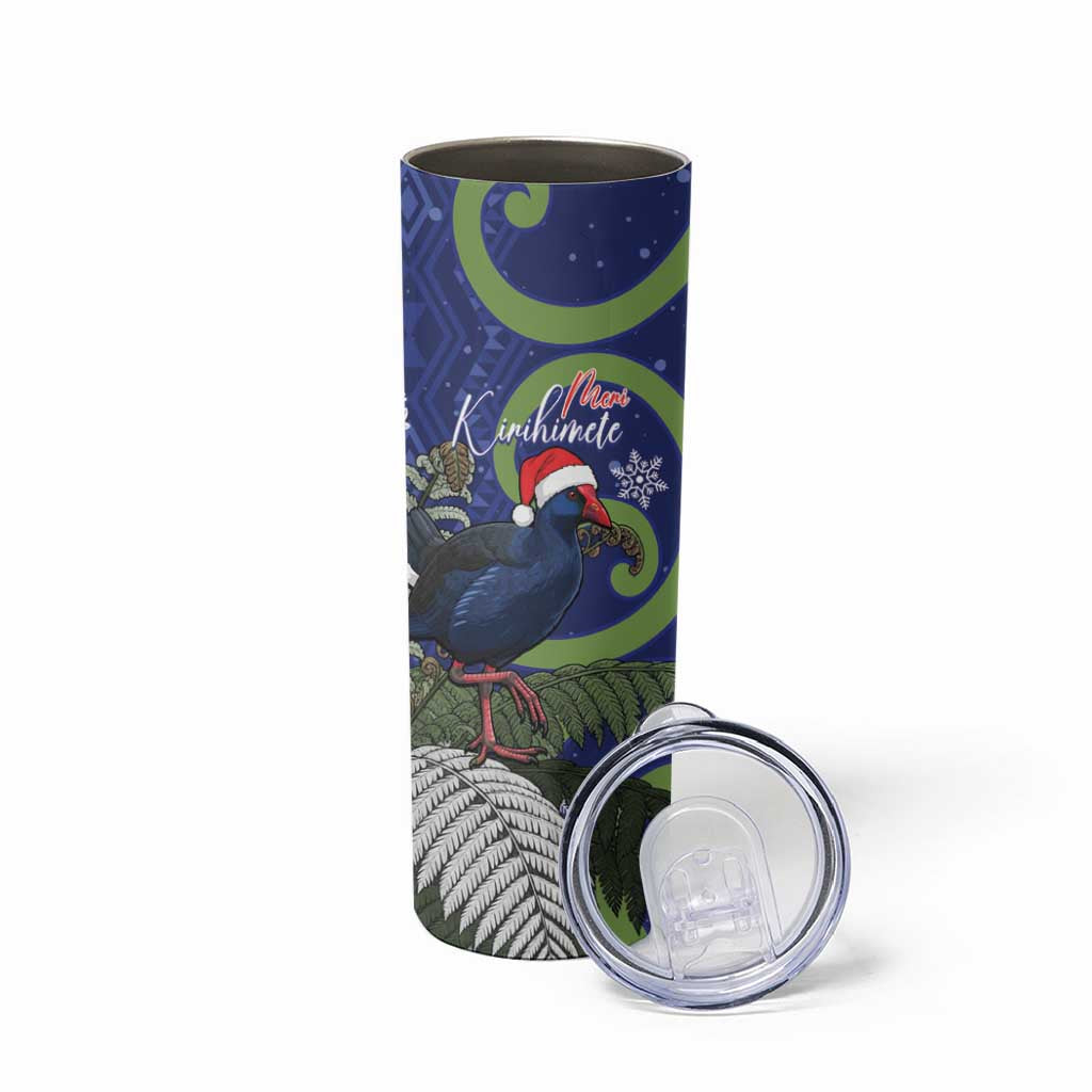 Personalized New Zealand Pukeko Christmas Skinny Tumbler Meri Kirihimete Taniko Ponga Koru Blue - Aussie Hoodie