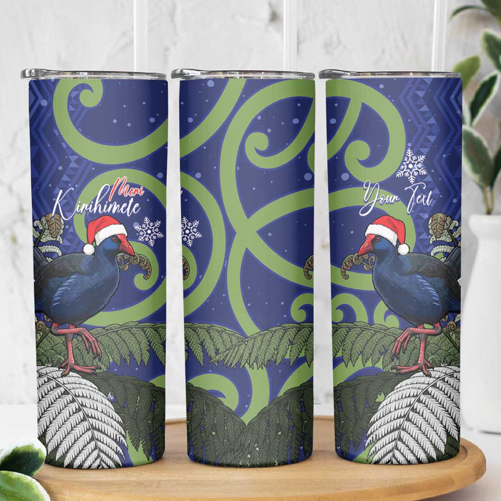 Personalized New Zealand Pukeko Christmas Skinny Tumbler Meri Kirihimete Taniko Ponga Koru Blue - Aussie Hoodie
