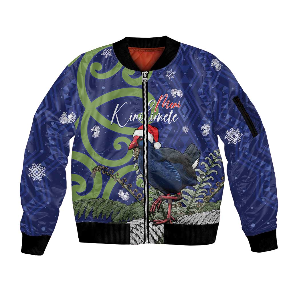 Personalized New Zealand Pukeko Christmas Sleeve Zip Bomber Jacket Meri Kirihimete Taniko Ponga Koru Blue - Aussie Hoodie