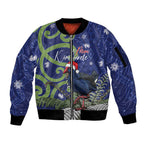 Personalized New Zealand Pukeko Christmas Sleeve Zip Bomber Jacket Meri Kirihimete Taniko Ponga Koru Blue - Aussie Hoodie