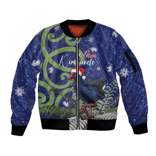 Personalized New Zealand Pukeko Christmas Sleeve Zip Bomber Jacket Meri Kirihimete Taniko Ponga Koru Blue - Aussie Hoodie