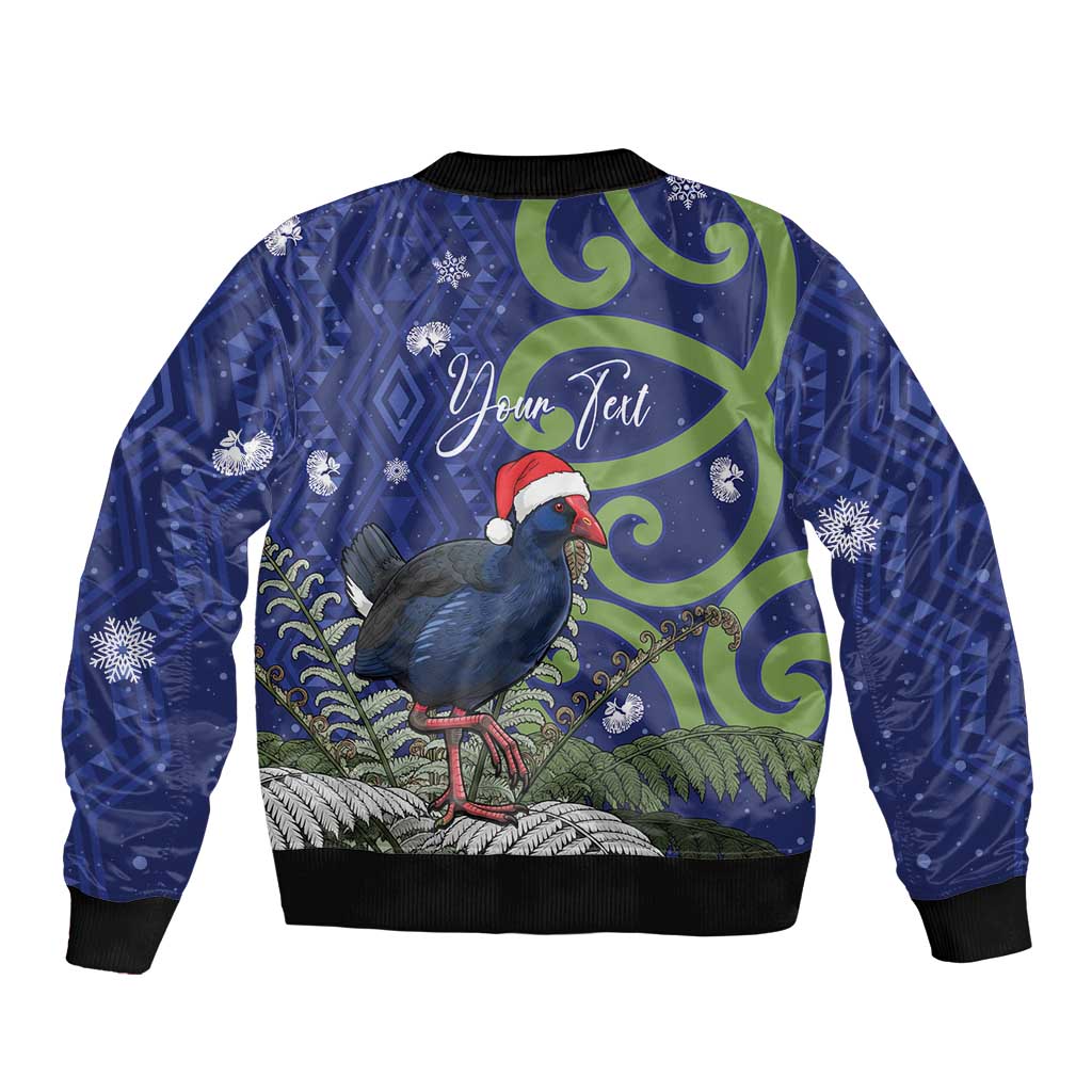 Personalized New Zealand Pukeko Christmas Sleeve Zip Bomber Jacket Meri Kirihimete Taniko Ponga Koru Blue - Aussie Hoodie