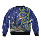 Personalized New Zealand Pukeko Christmas Sleeve Zip Bomber Jacket Meri Kirihimete Taniko Ponga Koru Blue - Aussie Hoodie